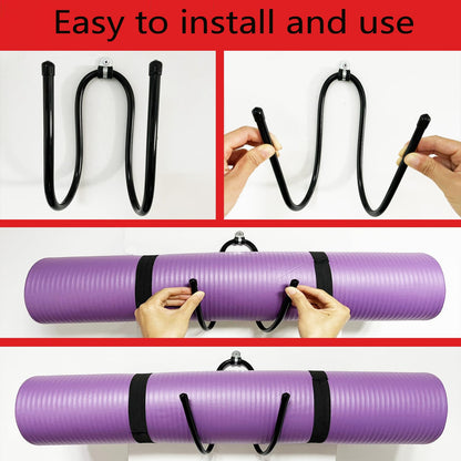 Upgraded large Yoga Mat Holder Wall Mount, Metal Storage Rack for Yoga Mat/Wheels, Foam Roller etcs, Wall Rack Organizer Hooks for Hanging Stretching Strap & Resistance Bands, Yoga Room/Home Gym Decor