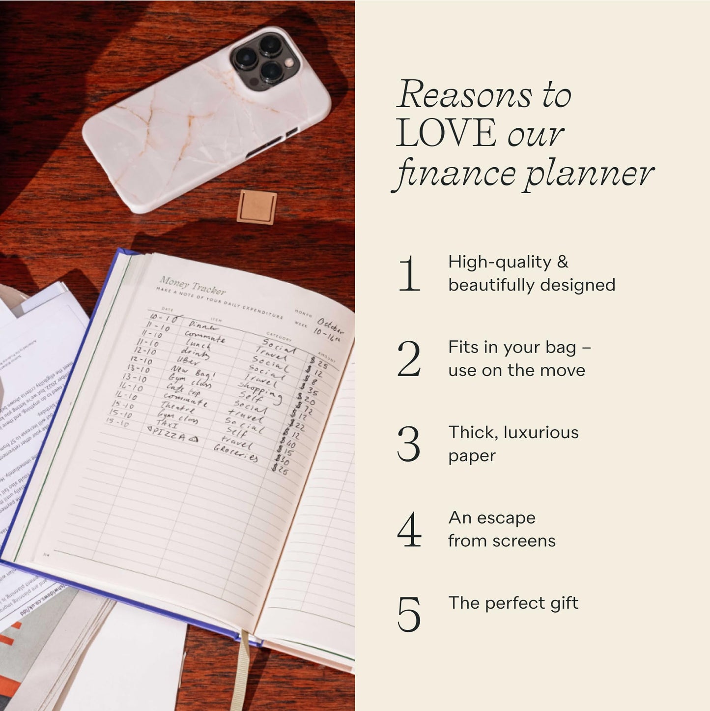 Papier Shine Finance Planner - Olive Hardback | Track Expenses, Savings, Outgoings | Undated | Includes Money Tracker, Daily & Monthly Calendar, & Monthly Budget Section | Budgeting Gift For Students