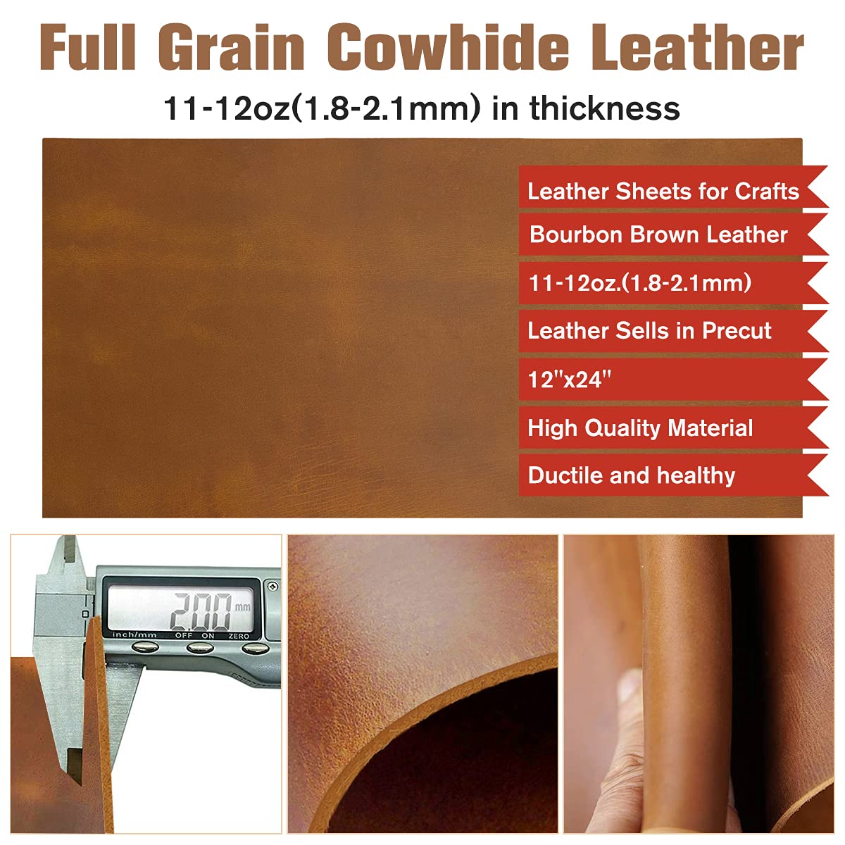 Thick Full Grain Leather Sheets for Crafts Genuine Cowhide Tooling Leather Square Pieces 1.8-2.1mm for Crafts Sewing Hobby Workshop Bourbon Brown 12"x24"