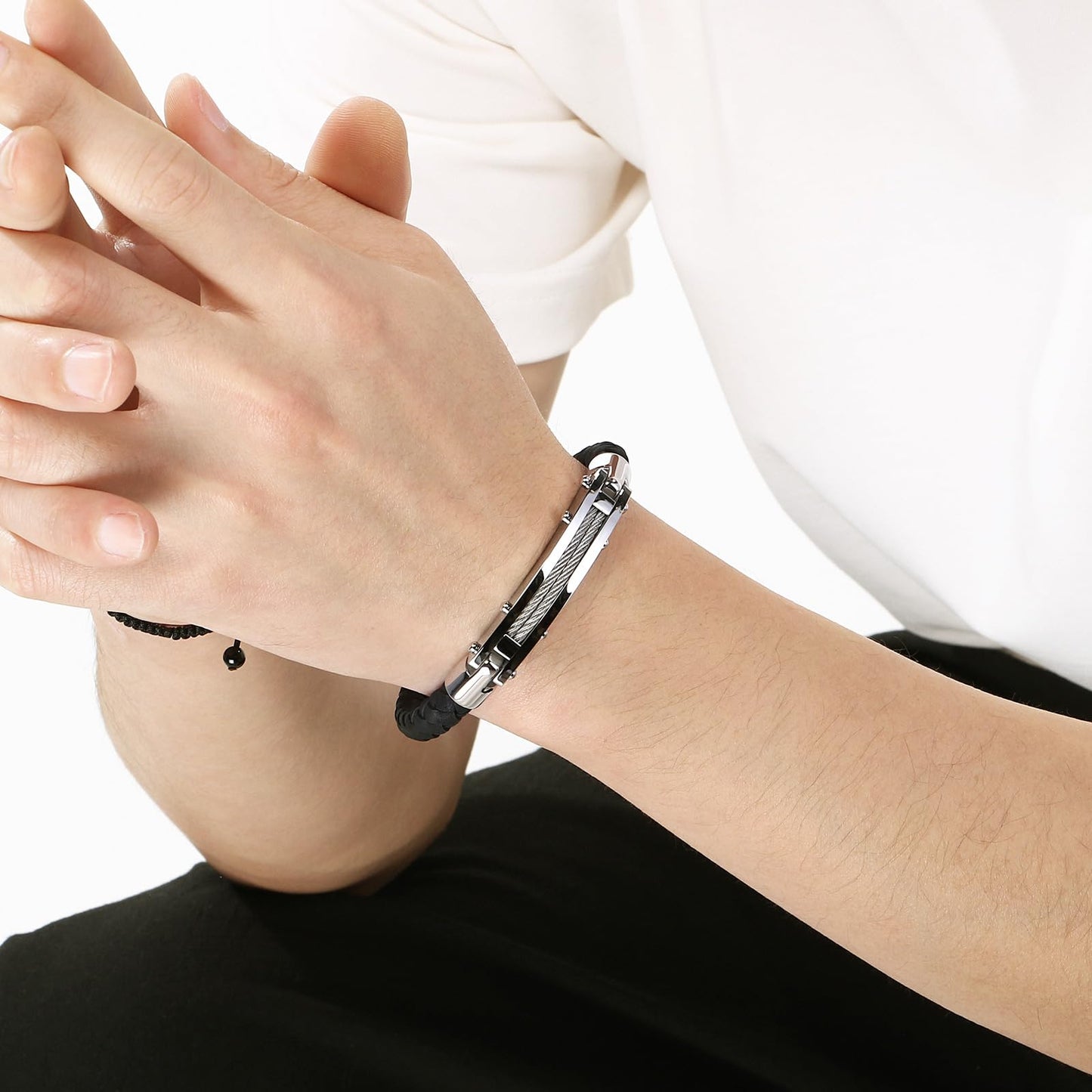 Azubpi Black Braided Leather Bracelet for Men, Stainless Steel Push-In Clasp Casual Fashion Jewelry Gift for Him