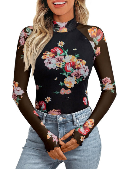 Dealmore Lace Sheer Long Sleeve Floral Mesh Mockneck Trendy Cute Going Out Tops for Women Fall Fashion Outfits 2025 Clothes