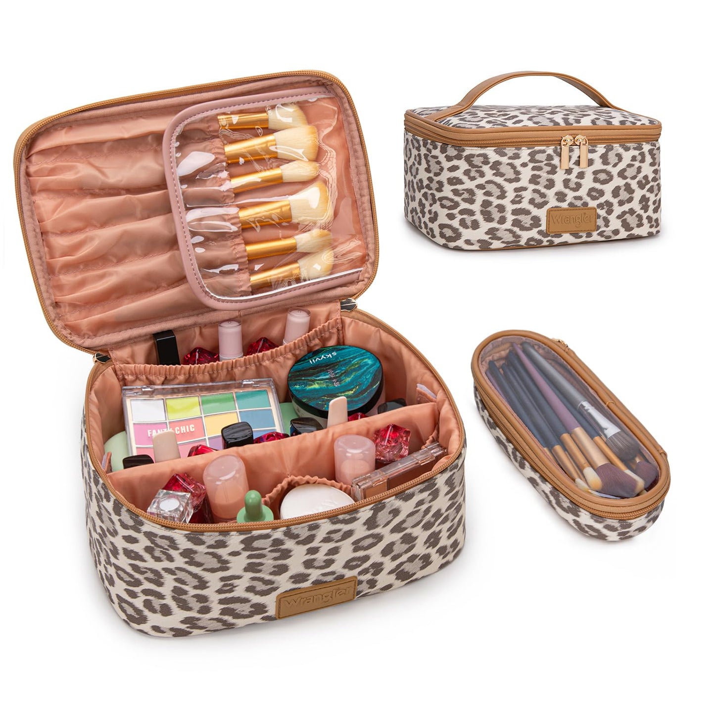 Montana West X Wrangler Travel Makeup Bag 2pcs Set Large Cosmetic Bag with Makeup Brush Holder Portable Make Up Organizer Cute Toiletry Bag with Divider and Handle for Women Leopard