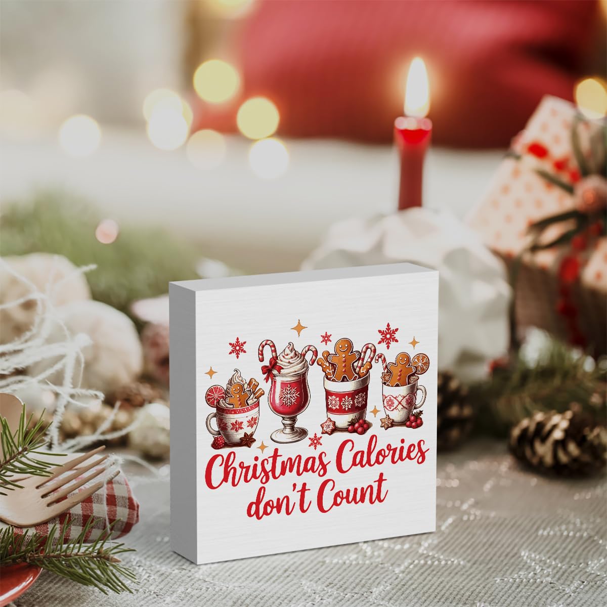Christmas Kitchen Decorations, Hot Cocoa Sign Gingerbread Home Decor for Table Shelf, Christmas Calories Don't Count Sign 5 x 5 inch