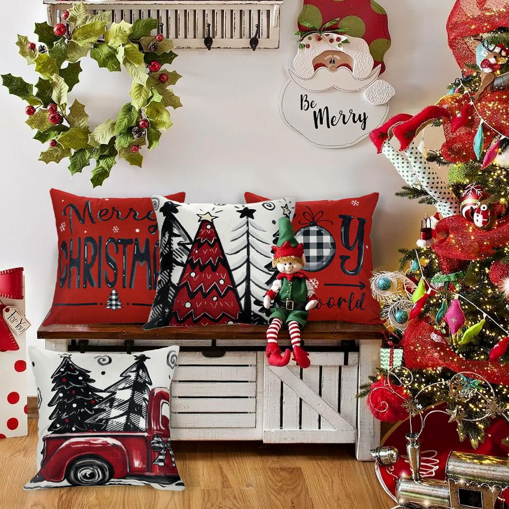 DIYDEC 4pcs Christmas Pillow Covers 20x20 Inch Red Pillow Covers Xmas Decorations Buffalo Tree Truck Merry Christmas Pillows Winter Holiday Farmhouse Seasonal Throw Case Decor for Sofa Couch
