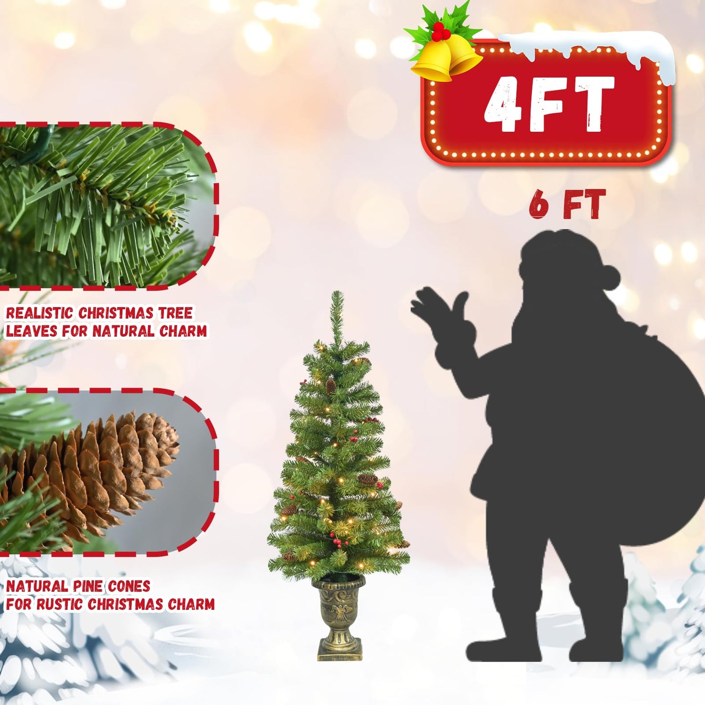 Maylaviu 4FT Artificial Potted Christmas Tree with Lights, Pre-lit Mini Christmas Tree with 50 LED Lights, Small Fake Spruce Tree with 140 Branch Tips, Pine Cones&Red Berries, Battery Operated