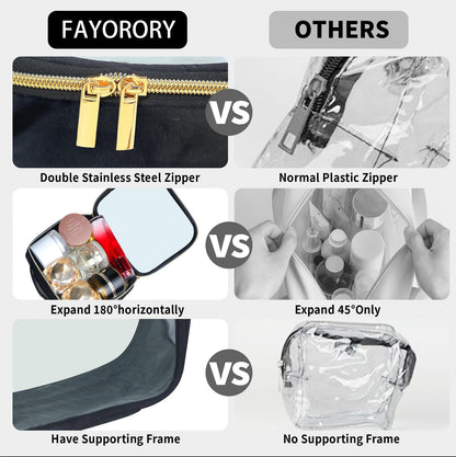 FAYORORY TSA Approved Travel Toiletry Bag,2 Pack Clear Makeup Bags with Handles,Quart Size Clear Cosmetic Bags for Traveling Women,Men,Carry on Airport Airline Compliant Bag,Black