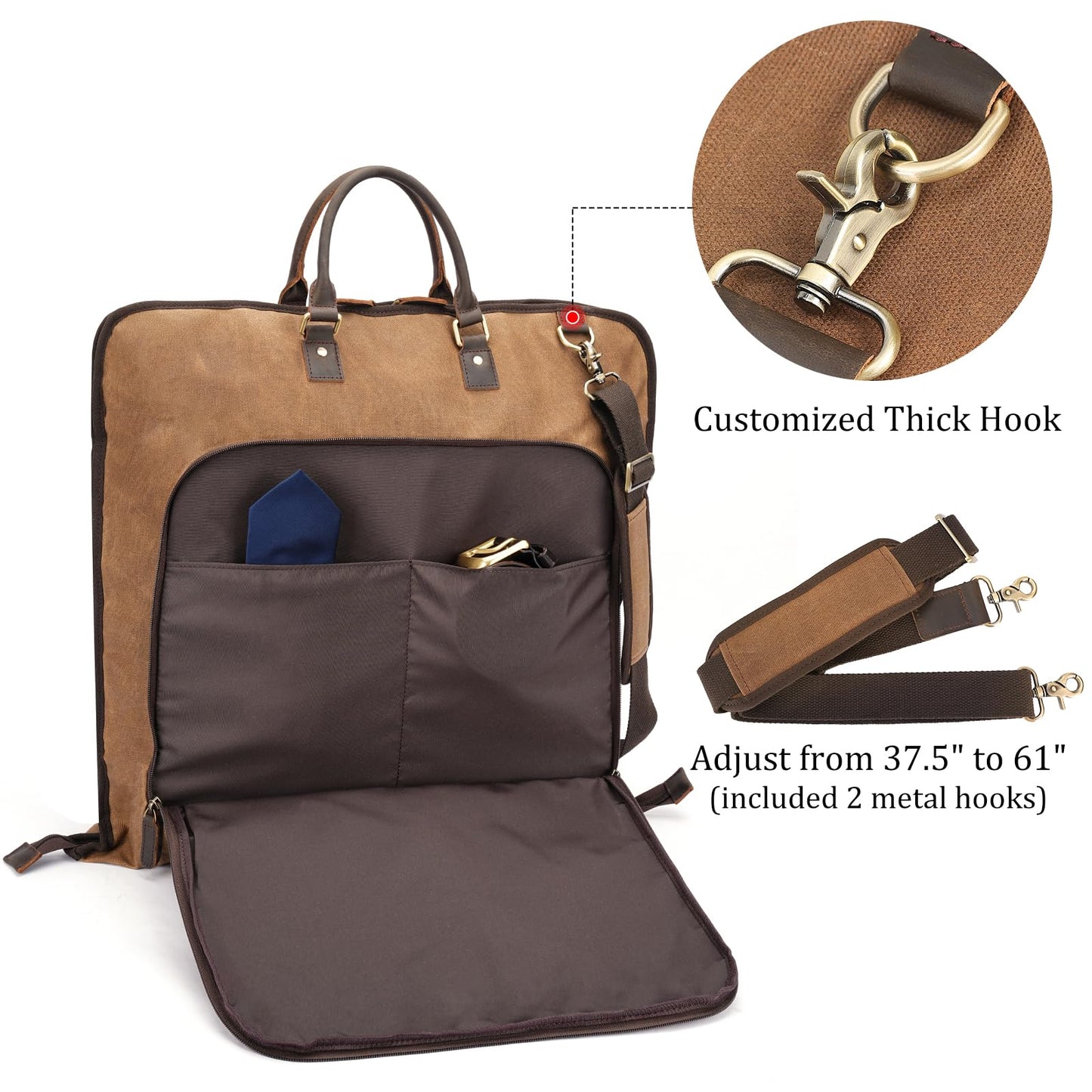 Polare Waxed Canvas Full Grain Leather Trim Garment Carry On Bag for Travel, Foldable Hanging Suitcase Weekender Dust-Proof Garment Waterproof Cover with YKK Zipper and Adjustable Strap