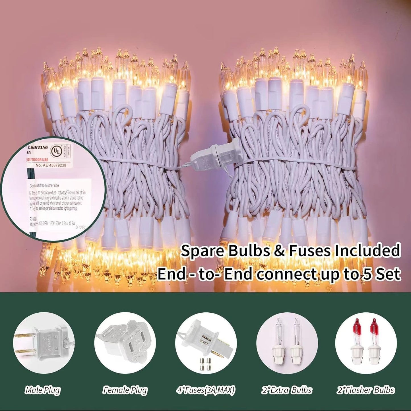 LAMPHOME Super-Bright Extendable Clear White Wire Christmas Lights Decoration 100Lights 19.6ft UL Certified Mini Bulb String Lights Set for Outdoor Christmas Tree Garden Holiday Patio Decor