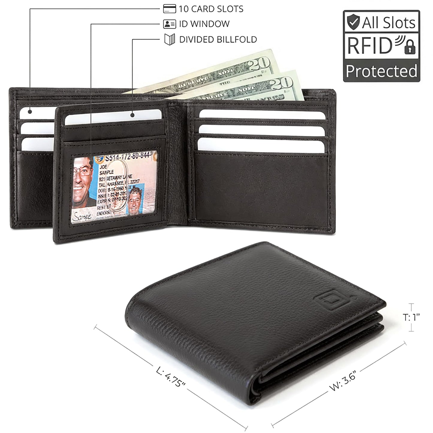 ID Stronghold Extra Capacity Bifold Wallet for Men - RFID Blocking Genuine Leather Wallet