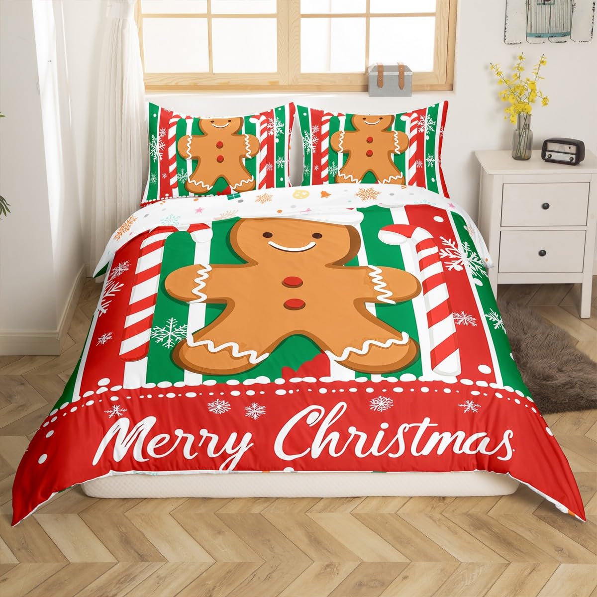 Feelyou Kids Merry Christmas Bedding Set Full Size Gingerbread Man Candy Cane Comforter Cover Set for Boys Girls Xmas Snowflake Winter Theme Duvet Cover Happy New Year Bedspread Cover (No Comforter)