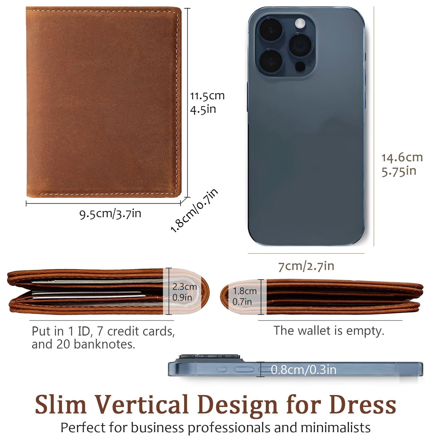 LnxLtw Bifold Vertical Wallet for Men - Slim Leather RFID Blocking Front Pocket Design with ID Window & 2 Cash Pockets | 4.5"x3.7"x0.7" Thin 7 Card Slots Wallets Organizer | Gift Box (Brown)