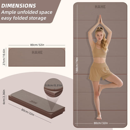 Foldable Yoga Mat,74"Lx32"Wx1/3"Thick,Folding Exercise Mat,Non-slip Wide Pilates Mats for Home Workout/Travel, Portable Yoga Mat Thick for Yoga/Pilates/Camping/Floor Exercises (Brown)