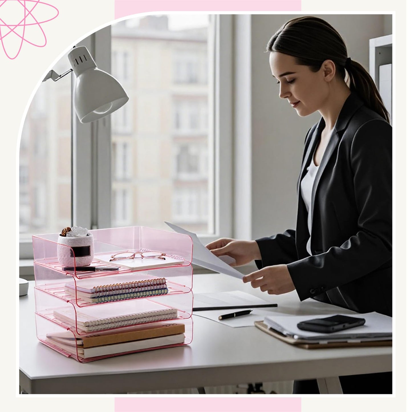 Harloon 4 Tier Acrylic Paper Tray 13 x 9.8 x 3 Inches Stackable Letter Clear Organizer No Need to Assemble Acrylic Paper Organizer File Tray for Office Workspace Desktop Storage (Transparent Pink)