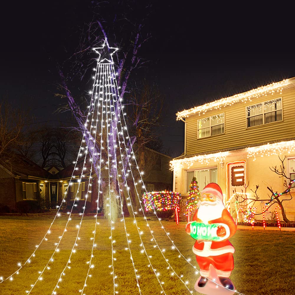 FUNIAO Outdoor Christmas Star Lights 320 LED Waterfall Christmas Tree Lights 8 Lighting Modes Outdoor Christmas Decorations Star String Lights for Outside Tree Wall Yard Xmas Wedding Party (White)