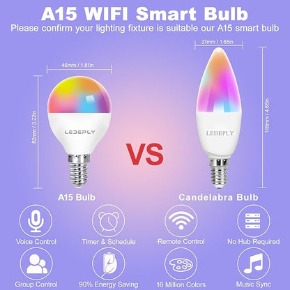 A15 LED Smart Bulb, 5W=40W,Compatible with Alexa, Google Assistant, E12 Base, Dimmable, 2.4G WiFi ONLY, RGB Color Changing, Tunable White 2700K-6500K, Globe Shape, G45 Ceiling Fan Light Bulbs 4 Pack