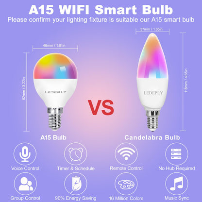 A15 LED Smart Bulb, 5W=40W,Compatible with Alexa, Google Assistant, E12 Base, Dimmable, 2.4G WiFi ONLY, RGB Color Changing, Tunable White 2700K-6500K, Globe Shape, G45 Ceiling Fan Light Bulbs 4 Pack