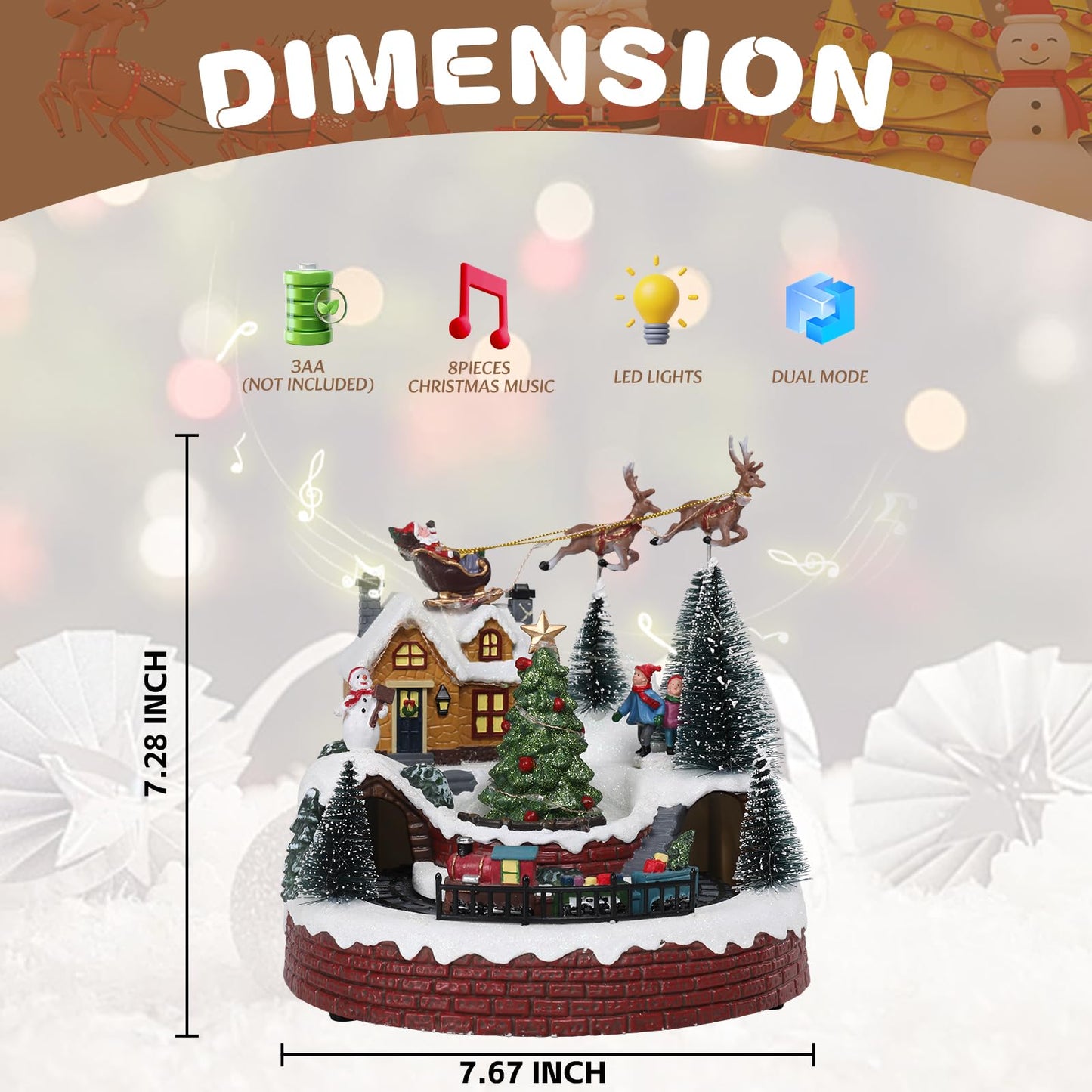 Vipush Christmas Village House Decorations Resin Train Set with Flying Santa Home Decor Indoor Building Figurines Revolving Train with LED Light and 8 Christmas Music for Kids