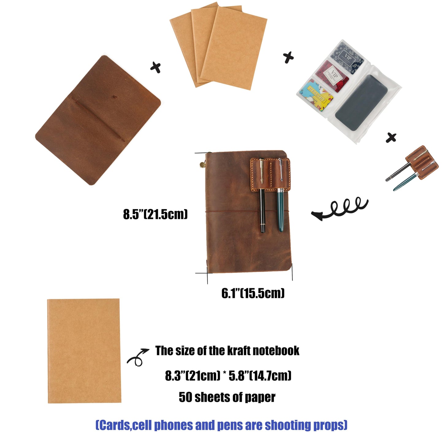 Leather A5 Travelers Notebook Cover with Inner Pockets and Card Slots and Pen Holder (Inches, A5-8.3 x 5.8)