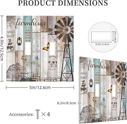 Rustic Western Farmhouse Windmill 2 Gang Light Switch Plate Cover Vintage Barn Wooden Plank Inspirational Quote Double Toggle Wall Plate Decorative Switchplate Electrical Faceplate