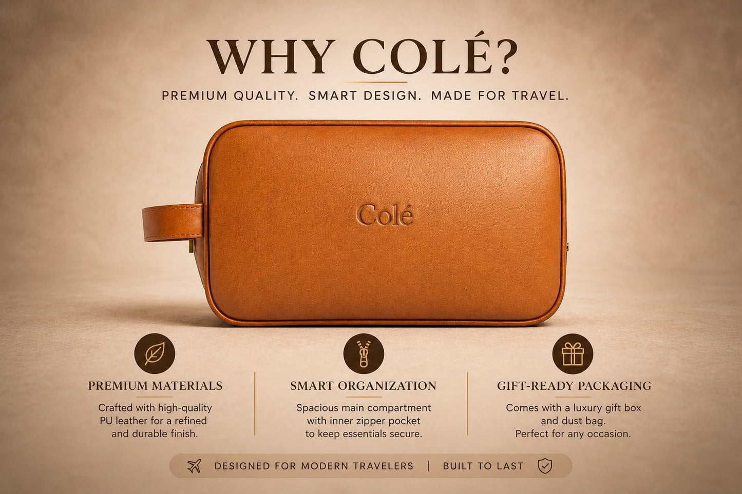Colé Premium Travel Toiletry Bag Water Resistant, PU Leather, Gift Box, Dust Bag Included.