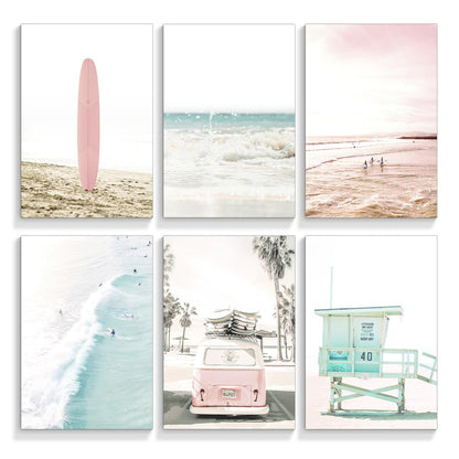 mifyuibytr Set of 6 Beach Canvas Wall Art, 8x10in Tropical Summer Ocean Coastal Posters, Preppy Gallery Beach Prints, Girly Nautical Surfboard Bus Room Decor, California Beachy Pictures Unframed