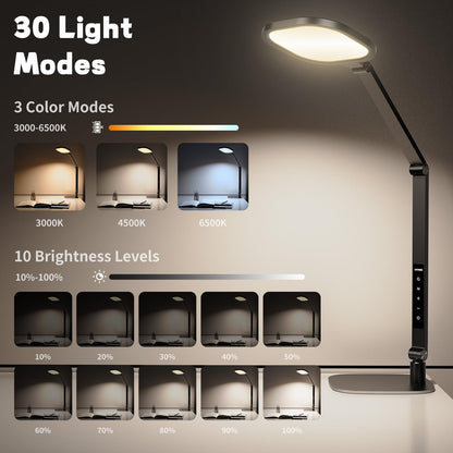 LitONES LED Desk Lamp for Home Office, Professional Eye-Caring Diffused Desk Light, 3 Color 10 Brightness Computer Light, Dimmable Office Lamp with Memory & Timer Func, Metal Swing Arm Table Lamp