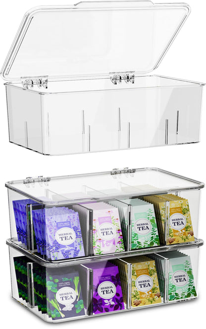 Utopia Home - Tea Bag Organizer With Lids, Clear Pantry Storage Box - (3 Pack) Stackable Partition Organizers or Holder With Lids For Drawers, Countertops, Fridge, Kitchen, Snack & Spice Organization