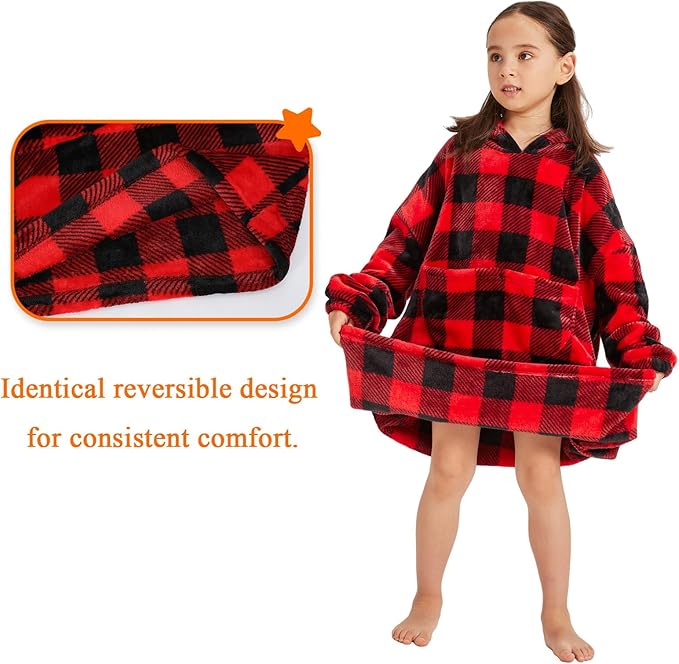 Wearable Blanket Hoodie Red Plaid Warm Sweatshirt Hooded Blanket One Size Fits All