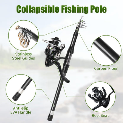 Fishing Rod Reel Combo - 2PCS 6.89ft Telescopic Fishing Poles 2PCS Spinning Reels Lures Set Fishing Pliers with Carrier Bag for Travel Saltwater Freshwater Gift Portable Fishing Pole Kit (Black 1)