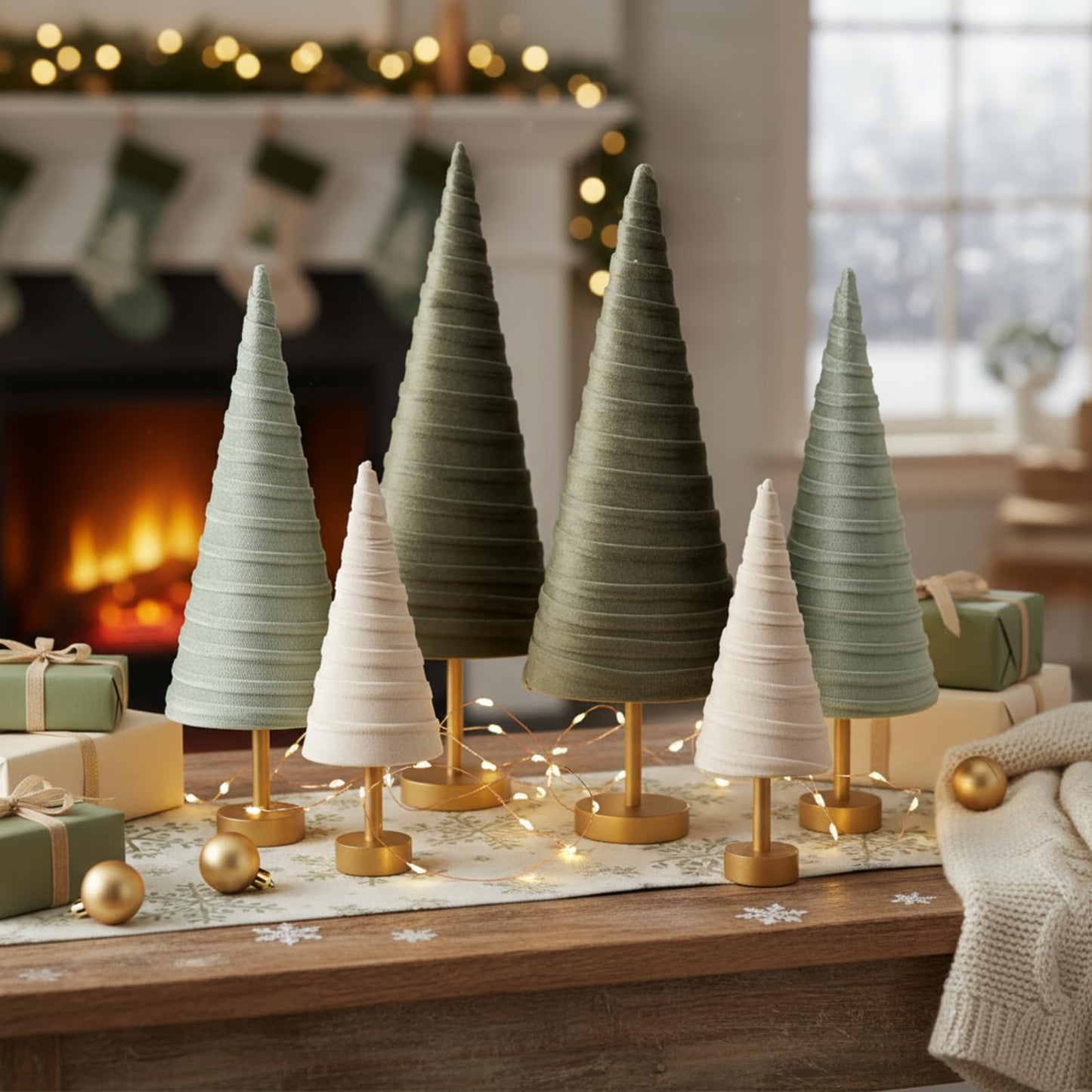 Hoolerry 6 Pcs Christmas Velvet Trees with Gold Pedestal Christmas Velvet Cones Tree Mantel Decor Modern Rustic Winter Home Minimalist for Holiday Entryway Table Wedding Centerpiece(Brown Green)