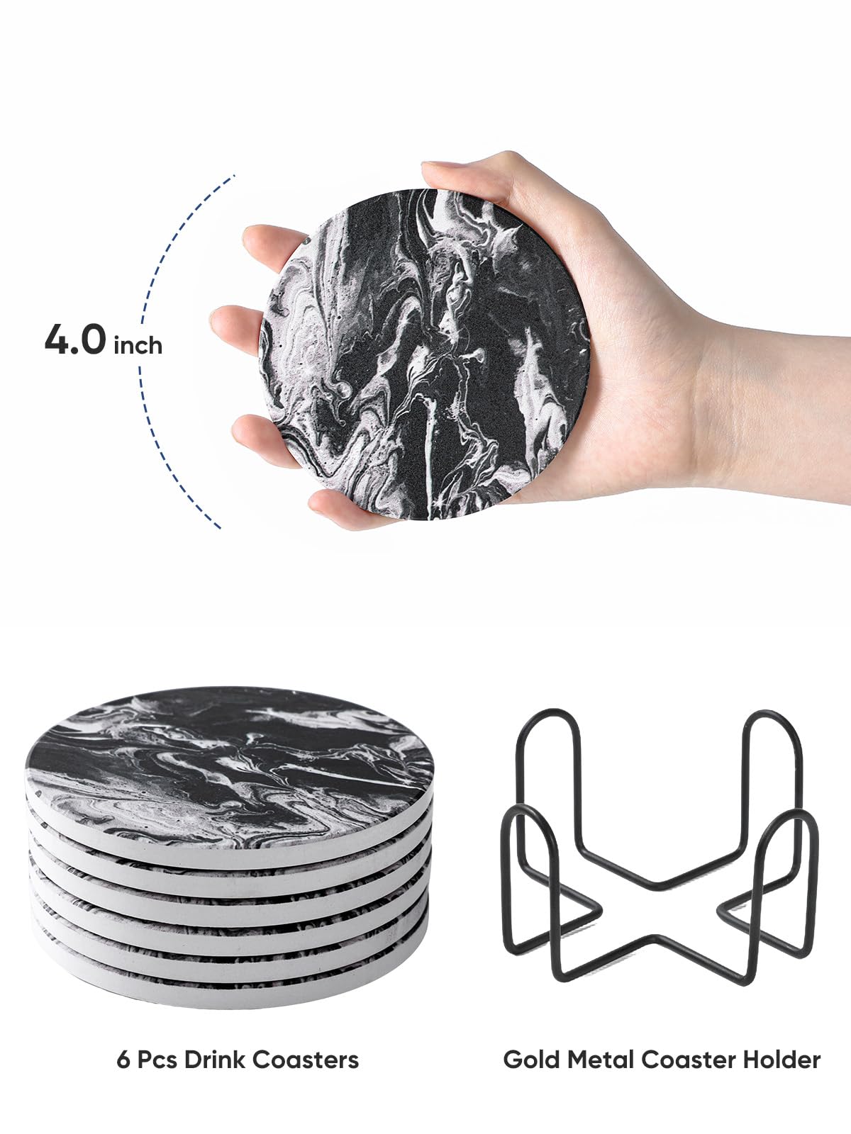 LIFVER Coasters Set of 6, Coasters for Drinks Absorbent Stone with Holder, Black Marble Style Ceramic Drink Coaster for Tabletop Protection, Coffee Table Decor Ideal for Home Decor House Warming Gifts