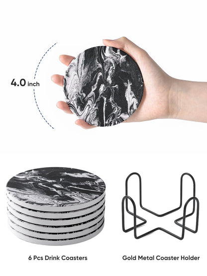 LIFVER Coasters Set of 6, Coasters for Drinks Absorbent Stone with Holder, Black Marble Style Ceramic Drink Coaster for Tabletop Protection, Coffee Table Decor Ideal for Home Decor House Warming Gifts