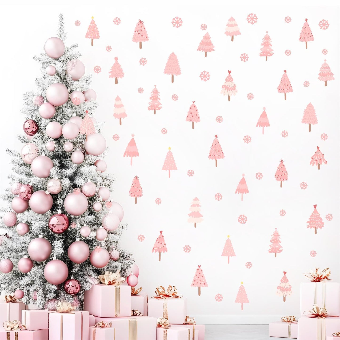 Pink Christmas Tree Wall Decals Merry Christmas Wall Stickers Peel and Stick Xmas Snowflake Sticker for Crafts Decoration Home Indoor Pink Pine Tree Decal for Kids Bedroom Winter Holiday Party Decor