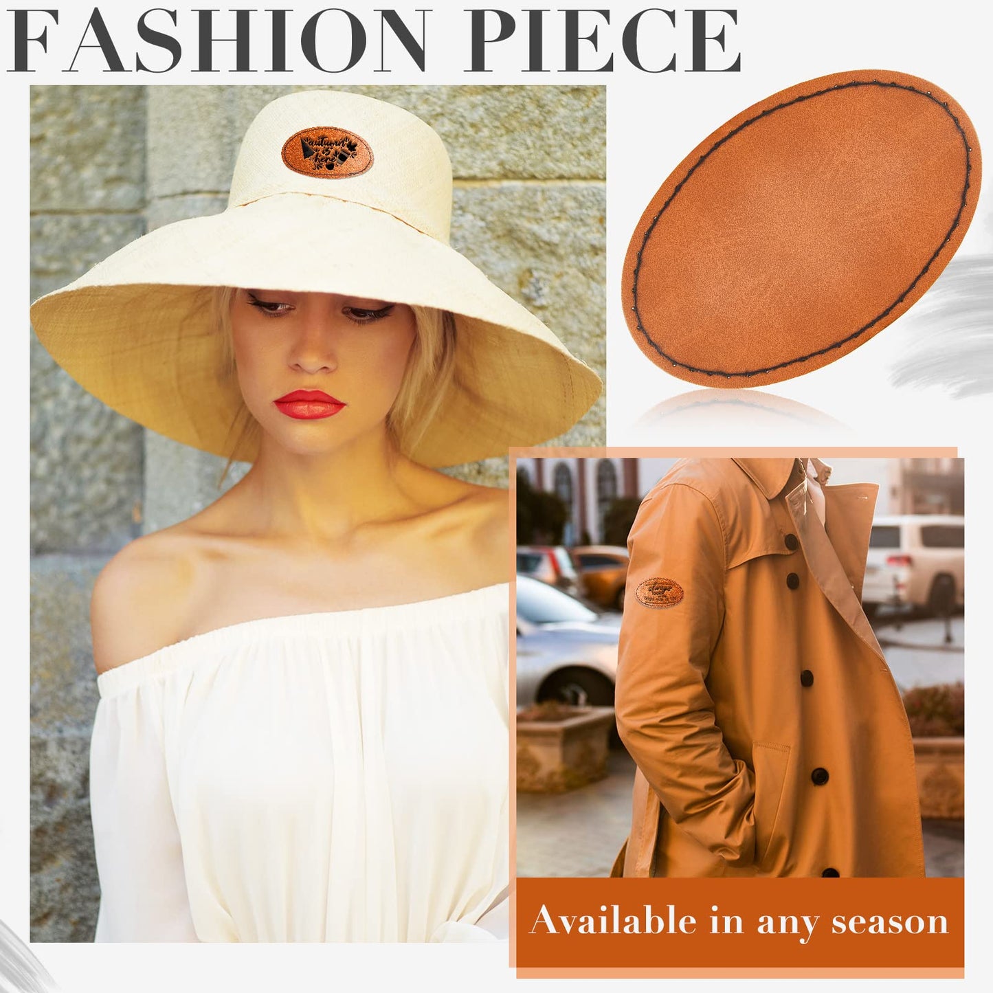 60 Pcs Blank Leatherette Hat Patches with Adhesive Oval Leatherette Rectangle Patch Faux Leather Patches for Hats Custom Fabric Repair Sew Laser Supplies, 3 x 2 Inches (Khaki)