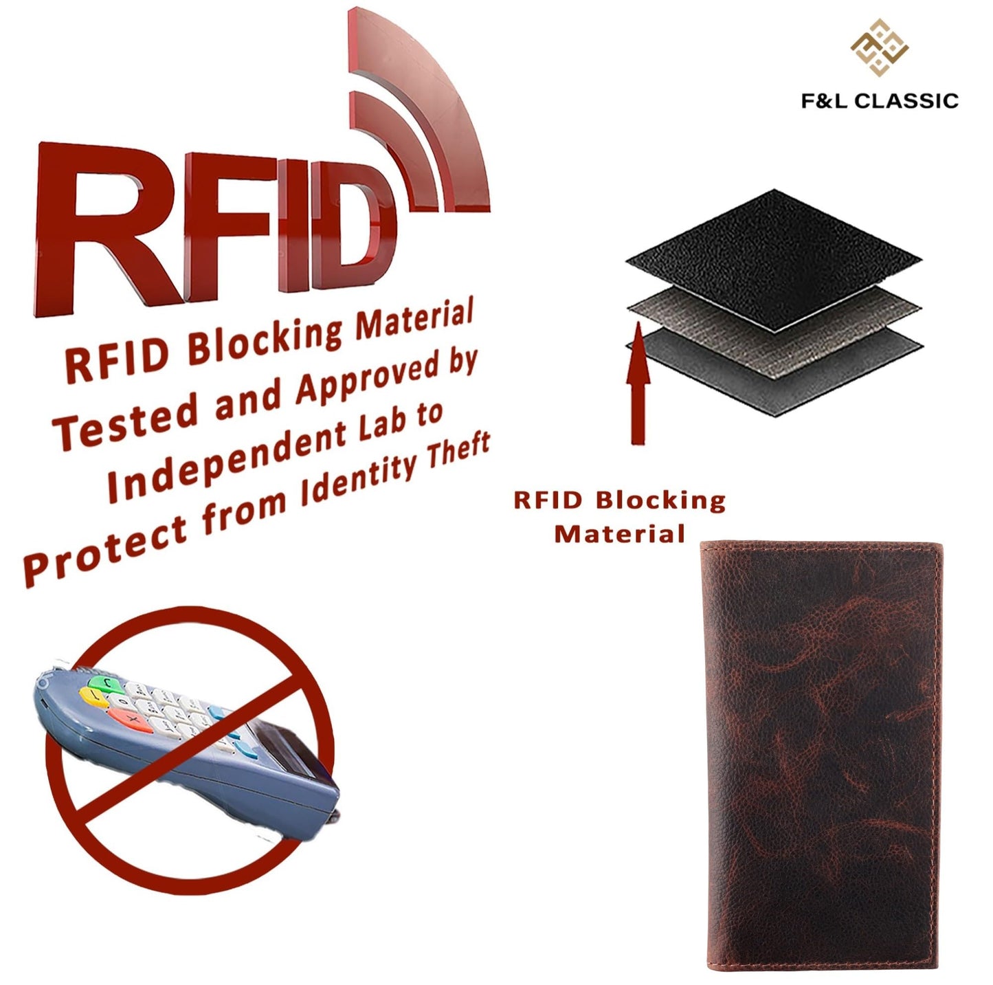 F&L CLASSIC Men's RFID Vintage Look Genuine Leather Long Bifold Wallet Checkbook Wallets,hard wax crunch,240-52