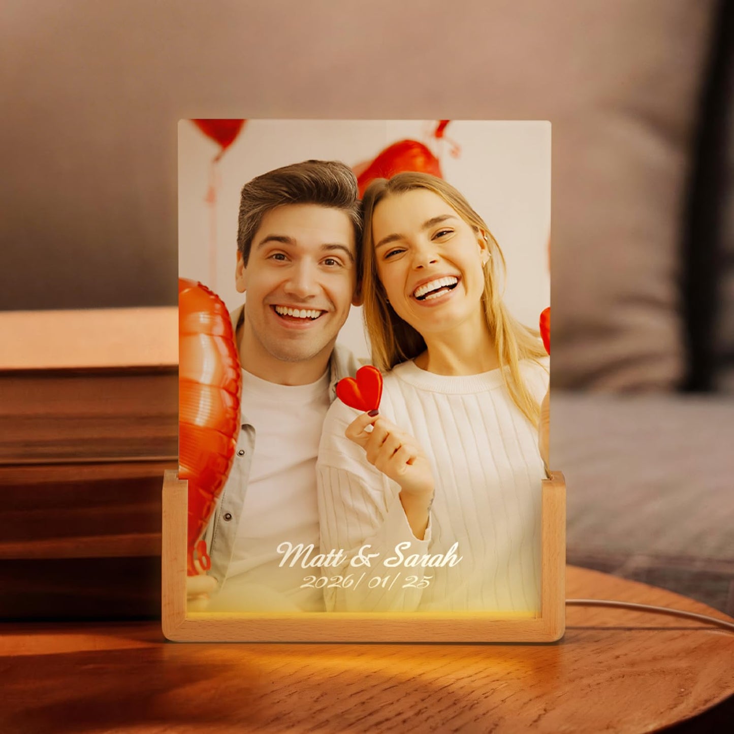 PYD Life 2 Pack Sublimation Night Lights Blanks LED Glass Photo Frames Panels White 6" x 8" with Warm Light,with Wood Stand for Custom Photos Designs, DIY Gifts for Couples, Family