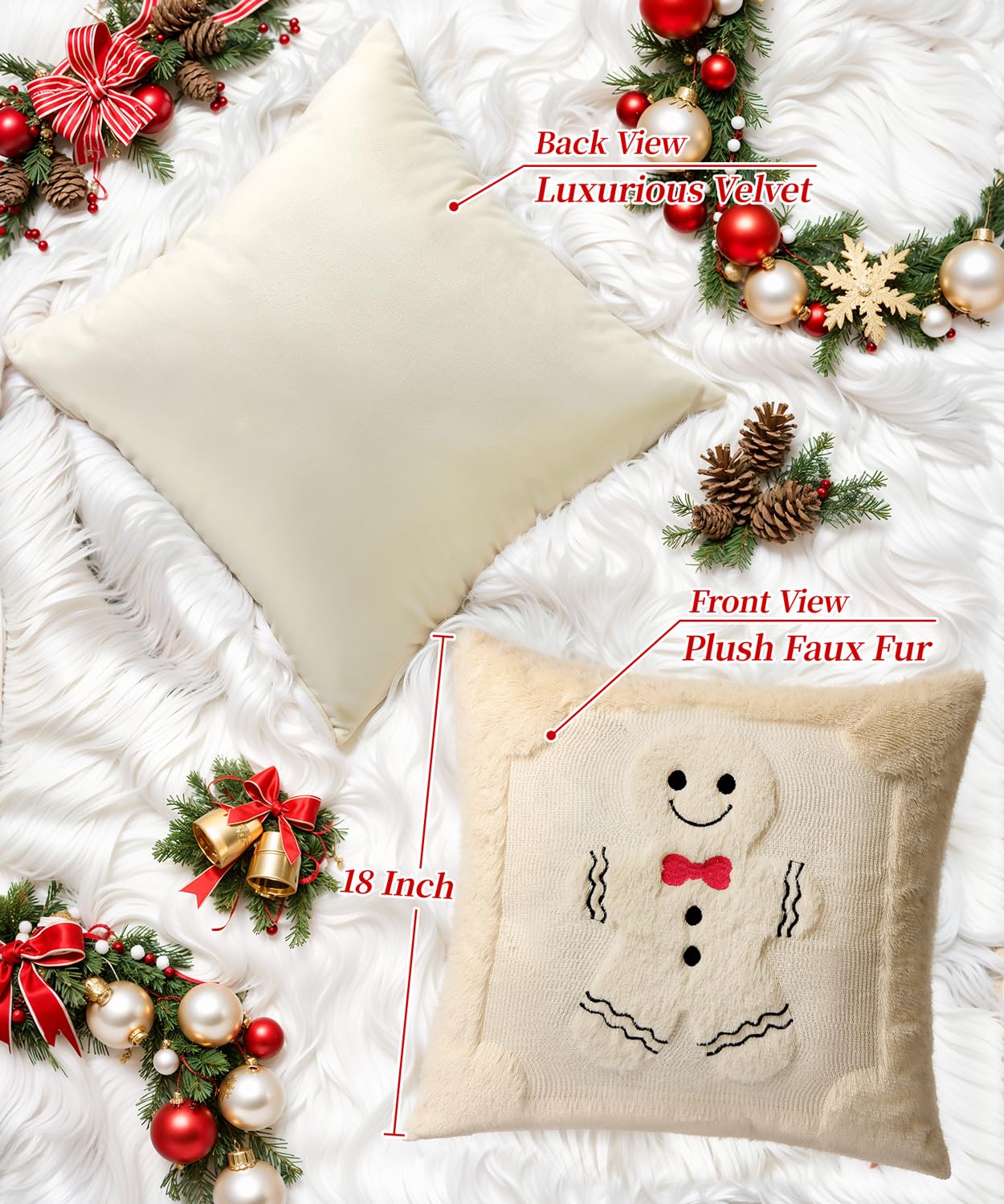 SEGXCFL Christmas Pillow Covers Set of 2 Soft Plush Faux Fur Pillow Cases 3D Embroidered Decorative Couch Cover Home Decor Christmas Throw Pillow Covers 18x18,Beige Gingerbread Man