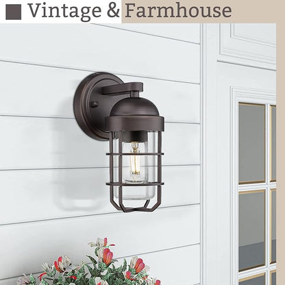 Emliviar Farmhouse Outdoor Wall Sconces, 2 Pack Vintage Exterior Light Fixtures with Nautical Metal Cage and Tempered Glass, Oil Rubbed Bronze Finish, GE255B-2PK ORB