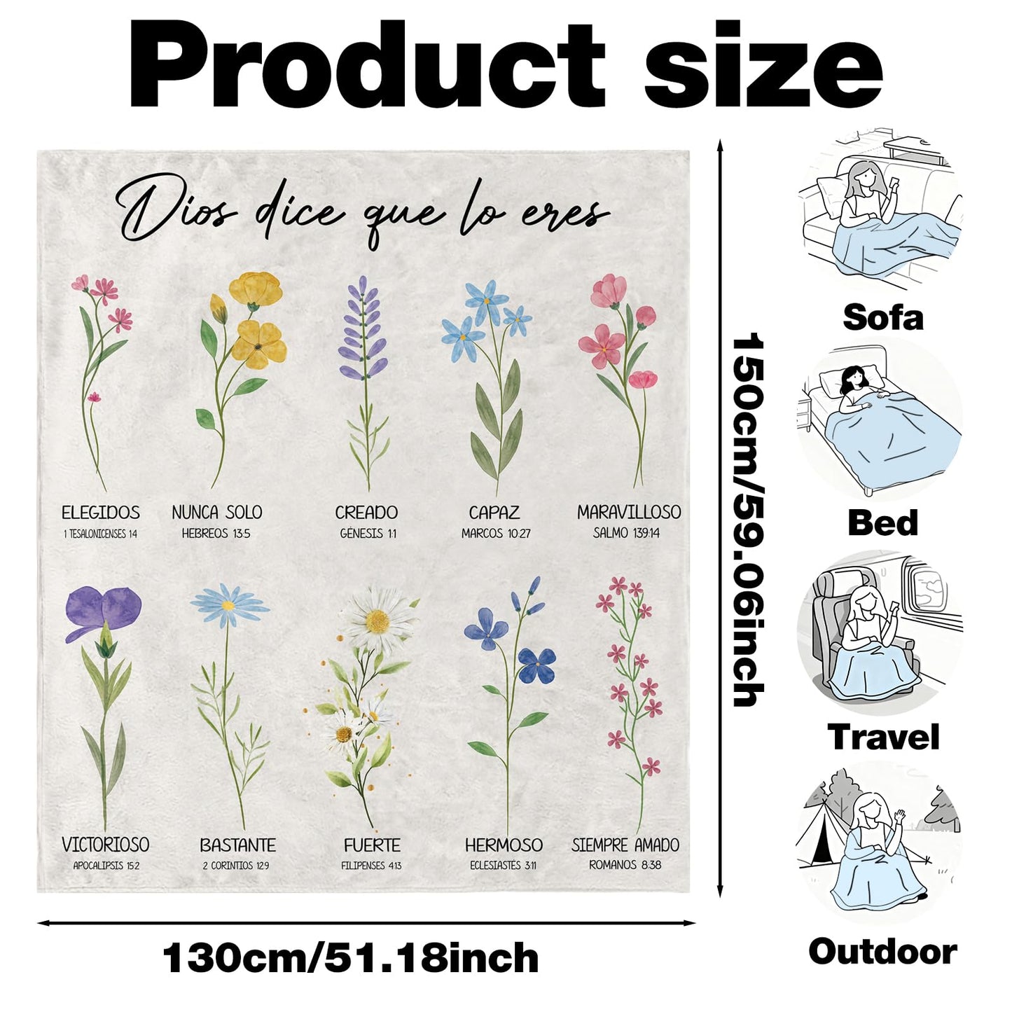 VISSTREE Spanish Christian Gifts for Women, Christian Throw Blanket with Flowers, Religious Flannel Blanket, Inspirational Faith Prayer Gift for Sister, Daughter, Mom, Soft Throw Blankets 50'' x 60''