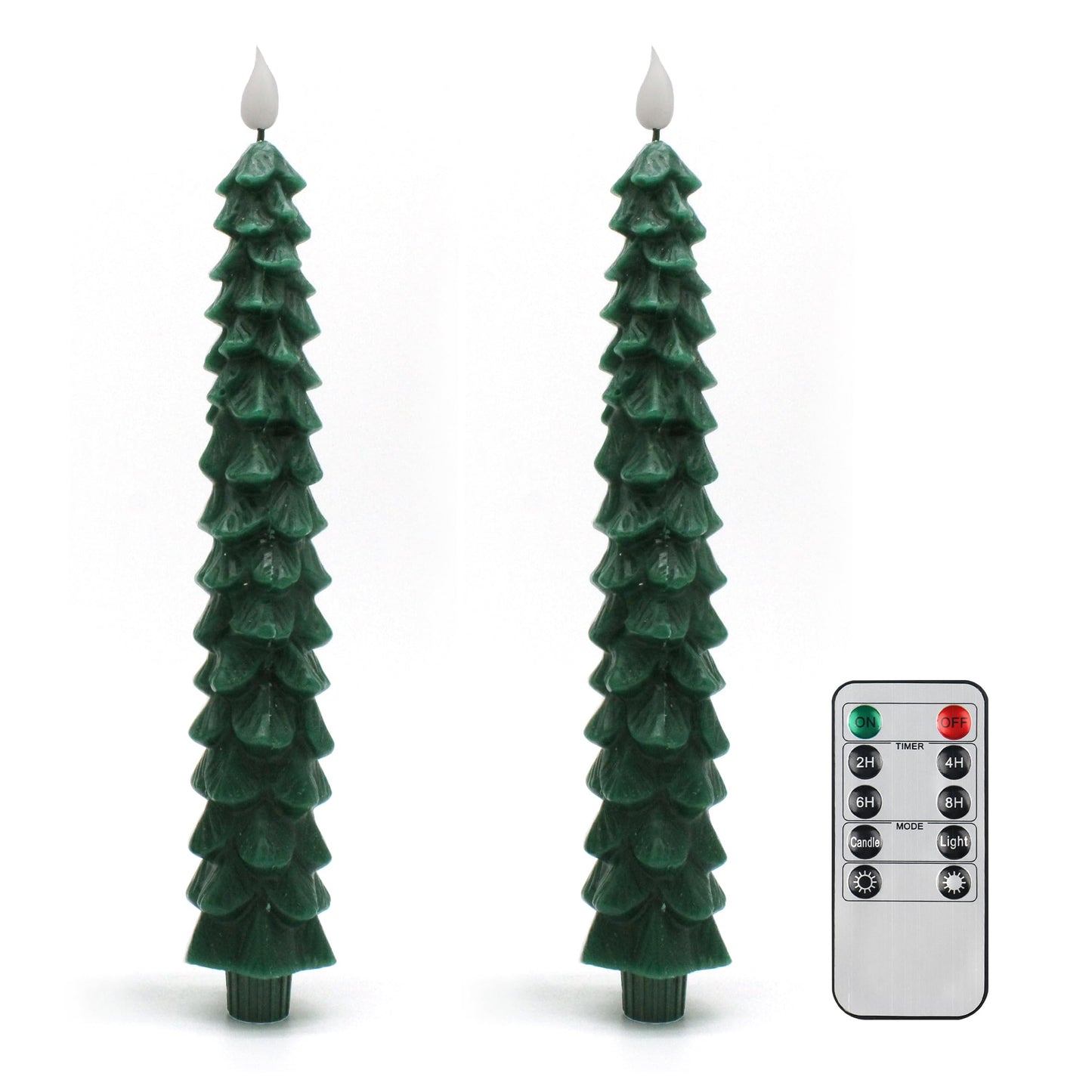 CVHOMEDECO. Christmas Tree Candles Battery Operated Taper Candle with Remote and Timer, Christmas LED Flameless Flickering Candles for Christmas Decor. 11.5 Inch, Pack of 2