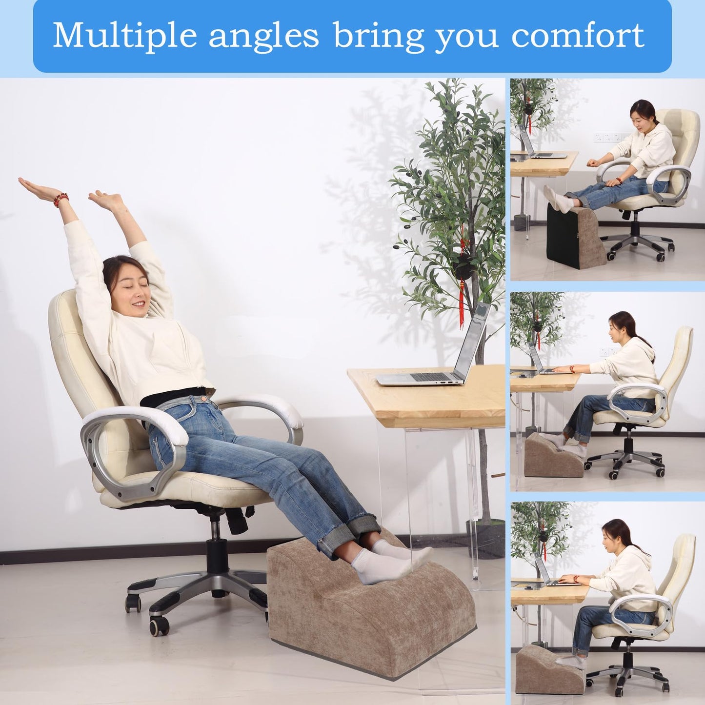 OpyTikar Foot Rest for Under Desk at Work.Multifunctional 3-Tier Foot Stool,with Washable Footrest.for Under Desk,Office Chair Gaming Chair & Sofa,Leg Elevation Pillow,Supports Posture-Brown