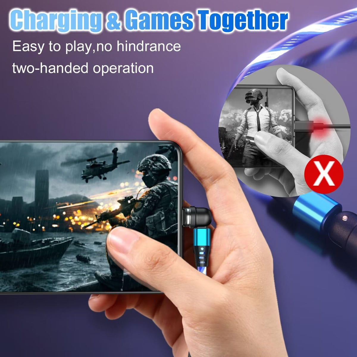EndlesShine Magnetic Charging Cable (3Pack 3 3/6 6/6 6FT) 180° & 360° Rotation Removable 3 in 1 1PINCharge Cable Micro USB iProduct Device LED Light Magnet Android Charger Type C Cable (Blue)