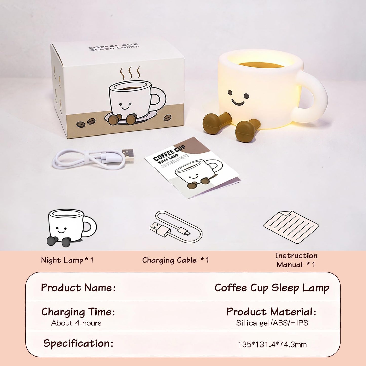 Yesinaly Coffee Cup Night Light - 7 Color Changing Dimmable Warm Light, Touch Control Bedside Lamp with Timer, Rechargeable Portable Mood Light for Nursery, Bedroom, Gift