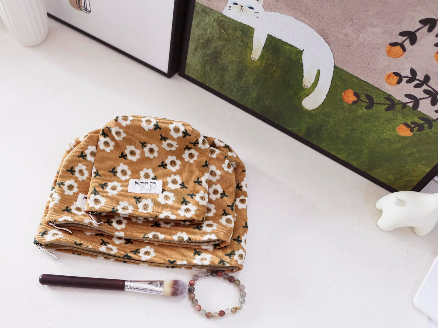 HAPPYHEIDI Floral Makeup Bag Set 3 Cosmetic Toiletry Organizer Zipper Pouch for Purse Tote, Women Girls Gift, Large Medium Small, Kihaki Brown Corduroy