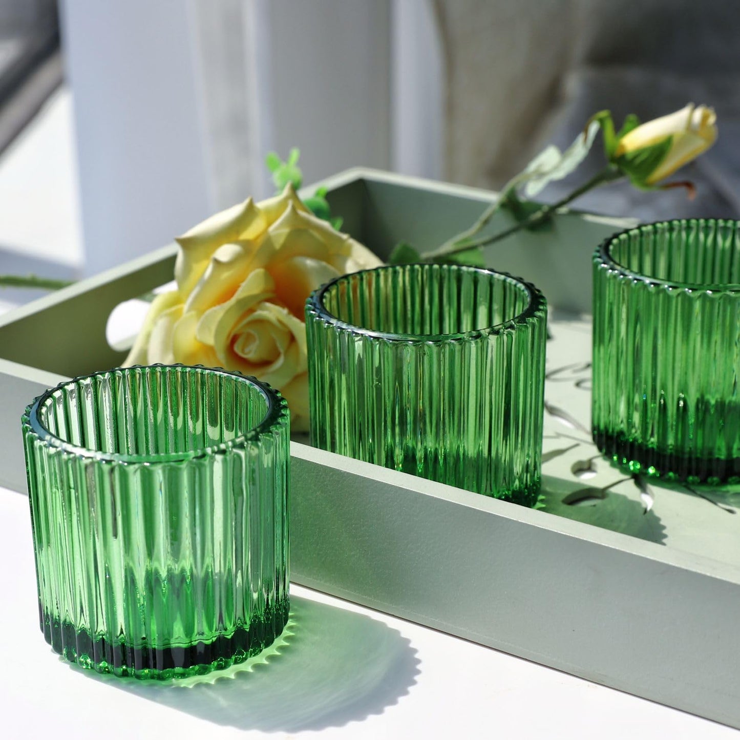VOHO Large Votive Candle Holders 2.75'' x 2.56'' Set of 6, Ribbed Candle Holder for Votive/Tea Lights Candles, Green Votive Holder for Halloween/Christmas Holiday