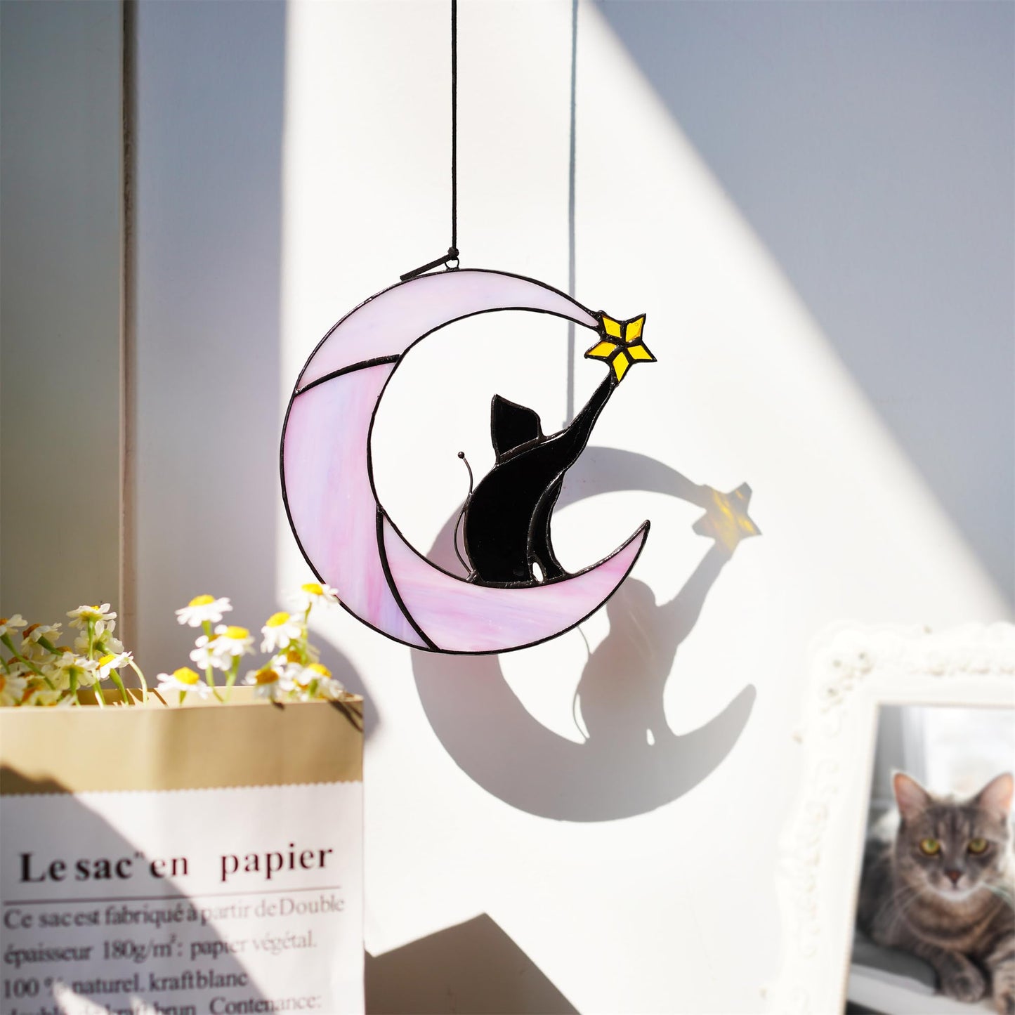 HDCRYSTALGIFTS 6.5'' Black Cat Decor on Purple Moon Stained Glass Window Hanging Suncatcher,Wall Art Glass Window Panel Sun Catcher,Halloween Decoration Memorial Gift for Lover Cat Loss