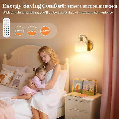 Rechargeable Battery Operated Wall Sconce Set of Two with Milky White Glass Lampshade, Wireless Wall Scone Decor with Remote Control, 15 Colors Gold Wall Light for Bedside Hallway Bedroom Doorway