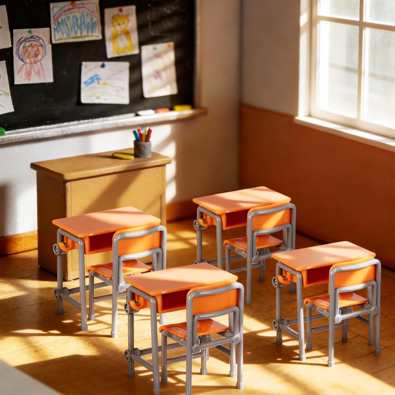 Housoutil 4sets Miniature School Furniture Set, Dollhouse Desk and Chair Play Modern, Realistic Miniature School Supplies for Dollhouse Decor and Pretend Play