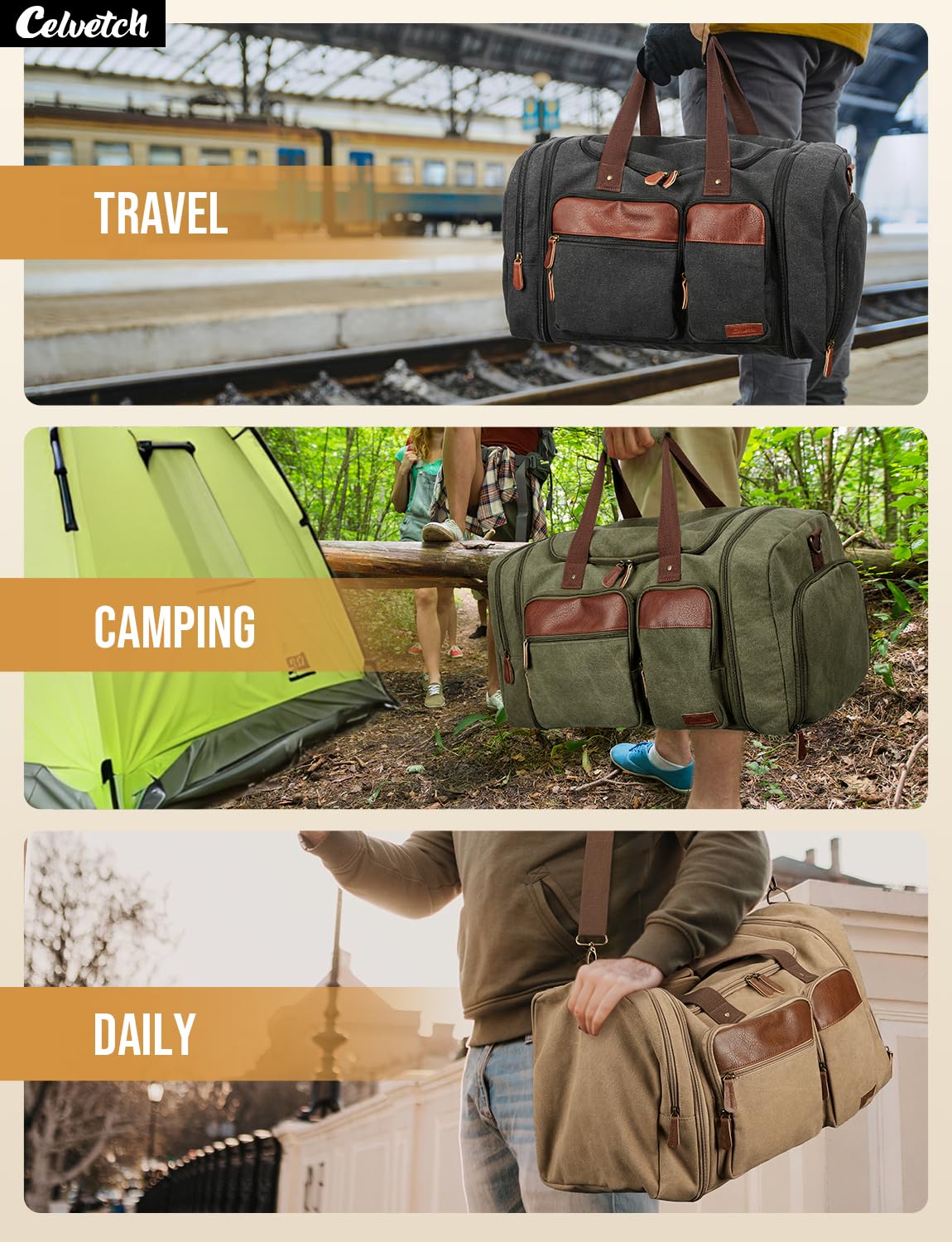 Celvetch Canvas Duffle Bag for Travel 65L Expandable Travel Duffel Bags for Men Women Overnight Weekend Gym Bag with Shoes Compartment - Brown(65L)