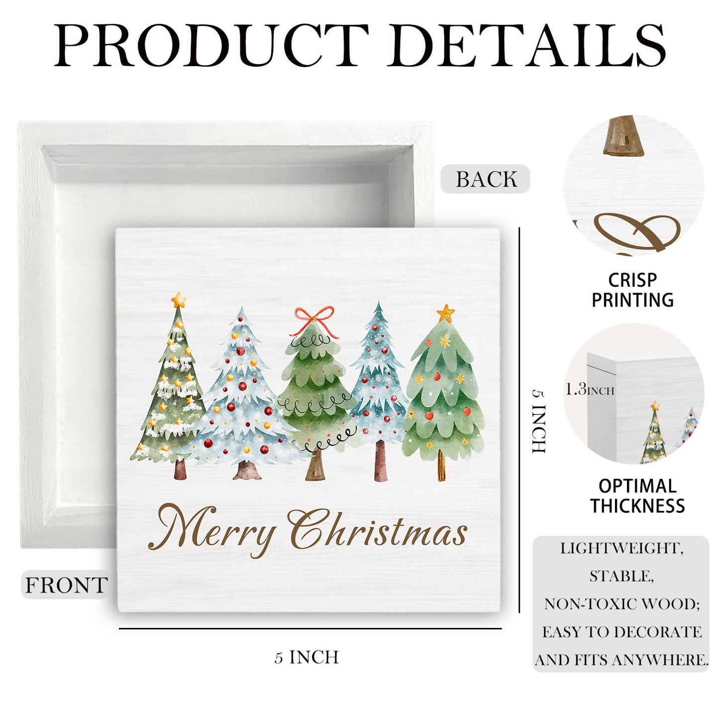 HYKDFMNCJ Merry Christmas Tree Wooden Box Sign Desk Decor, Glitter Holiday Winter Christmas Bauble Tree Wood Signs for Home Bedroom Office Desk Table Shelf Decorations, 5x5 Inch